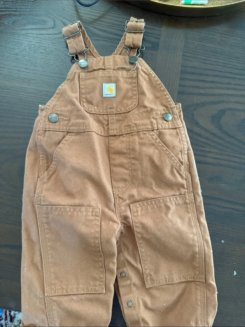 Carhartt Kids Tan/Brown Duck Canvas Overalls with Patch Pocket and beanie